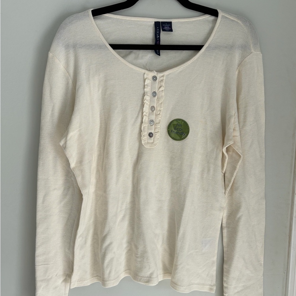 Eco Aesthetic Feminine Minimalist Cream Long Sleeve Organic Cotton Henley Top